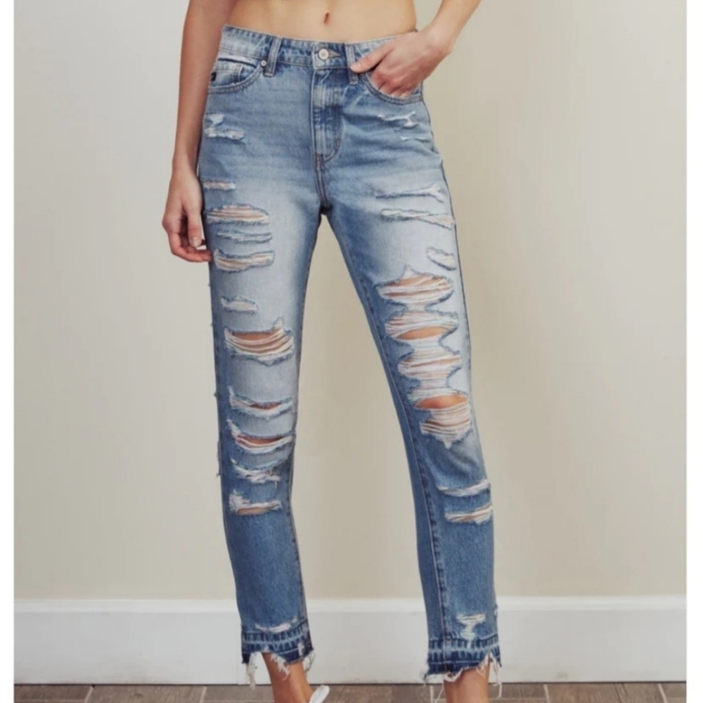 KanCan Sadie Rainbow Thread High Rise Med Wash Distressed Skinny Jeans 11/29 NWT
